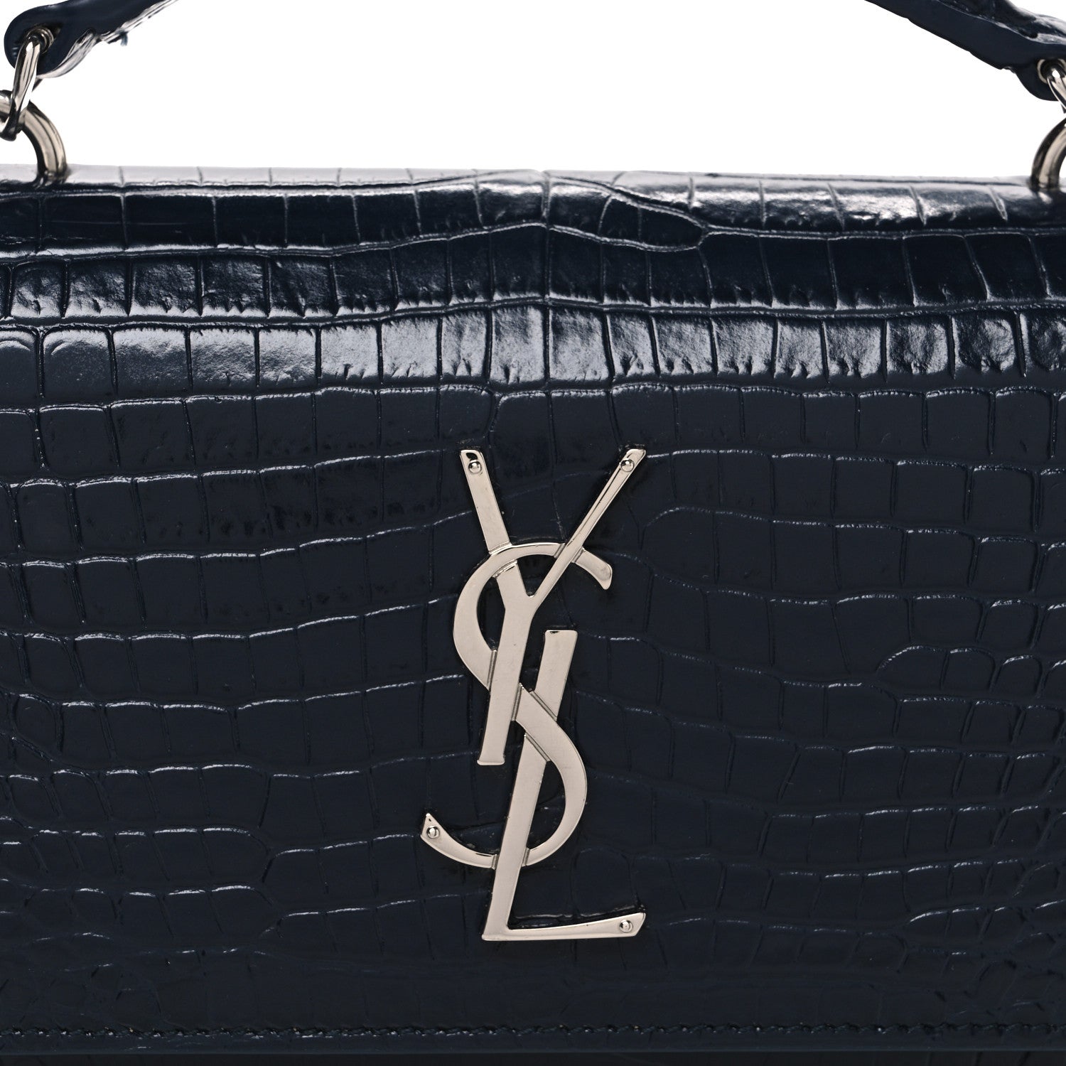 Saint Laurent Calfskin Crocodile Embossed Monogram Sunset Chain Wallet New Cobalt 7 of 9