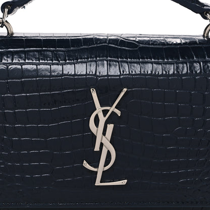 Saint Laurent Calfskin Crocodile Embossed Monogram Sunset Chain Wallet New Cobalt 7 of 9