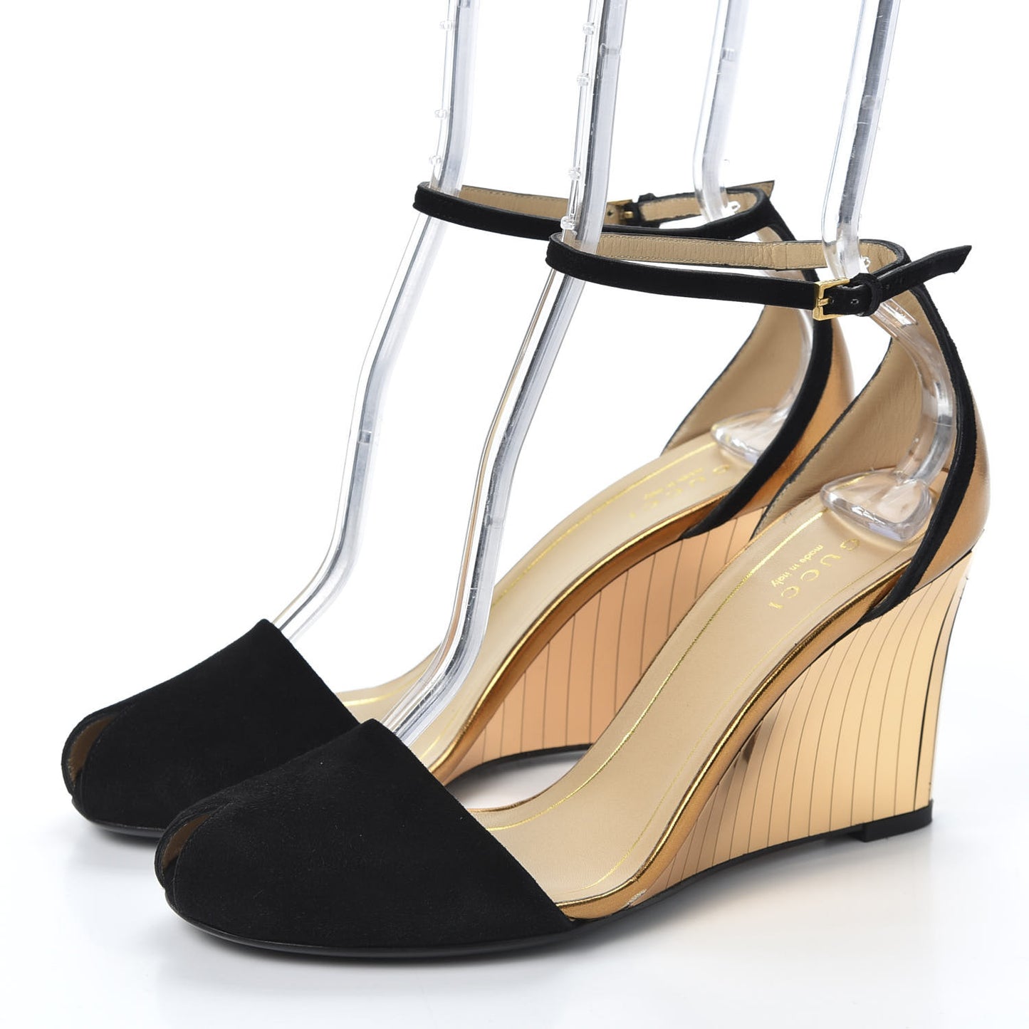 Suede Delphine Mirrored Mid Heel Strap Wedge Sandal 37.5 Black Gold