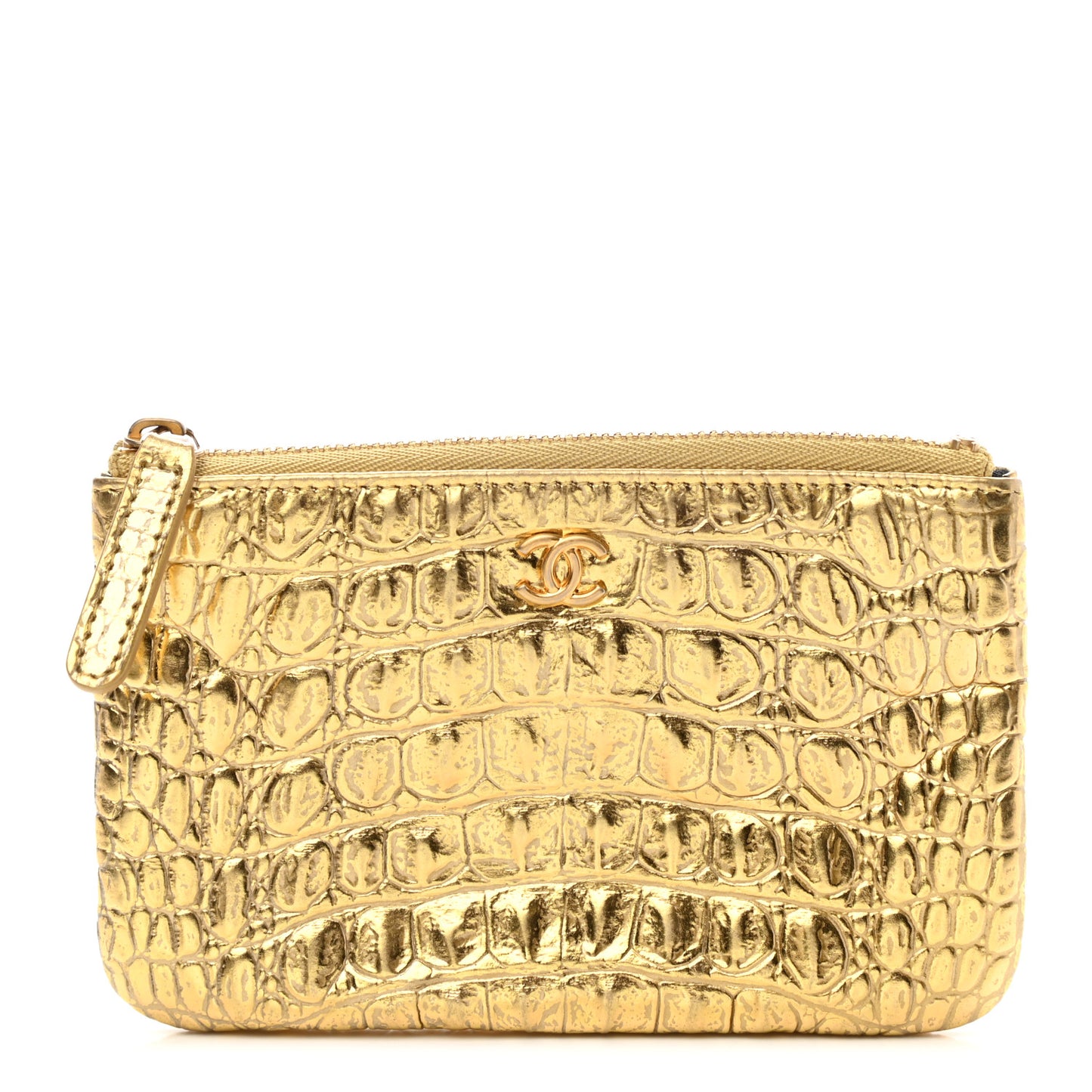 Metallic Calfskin Crocodile Embossed Cocodile Small Cosmetic Case Gold