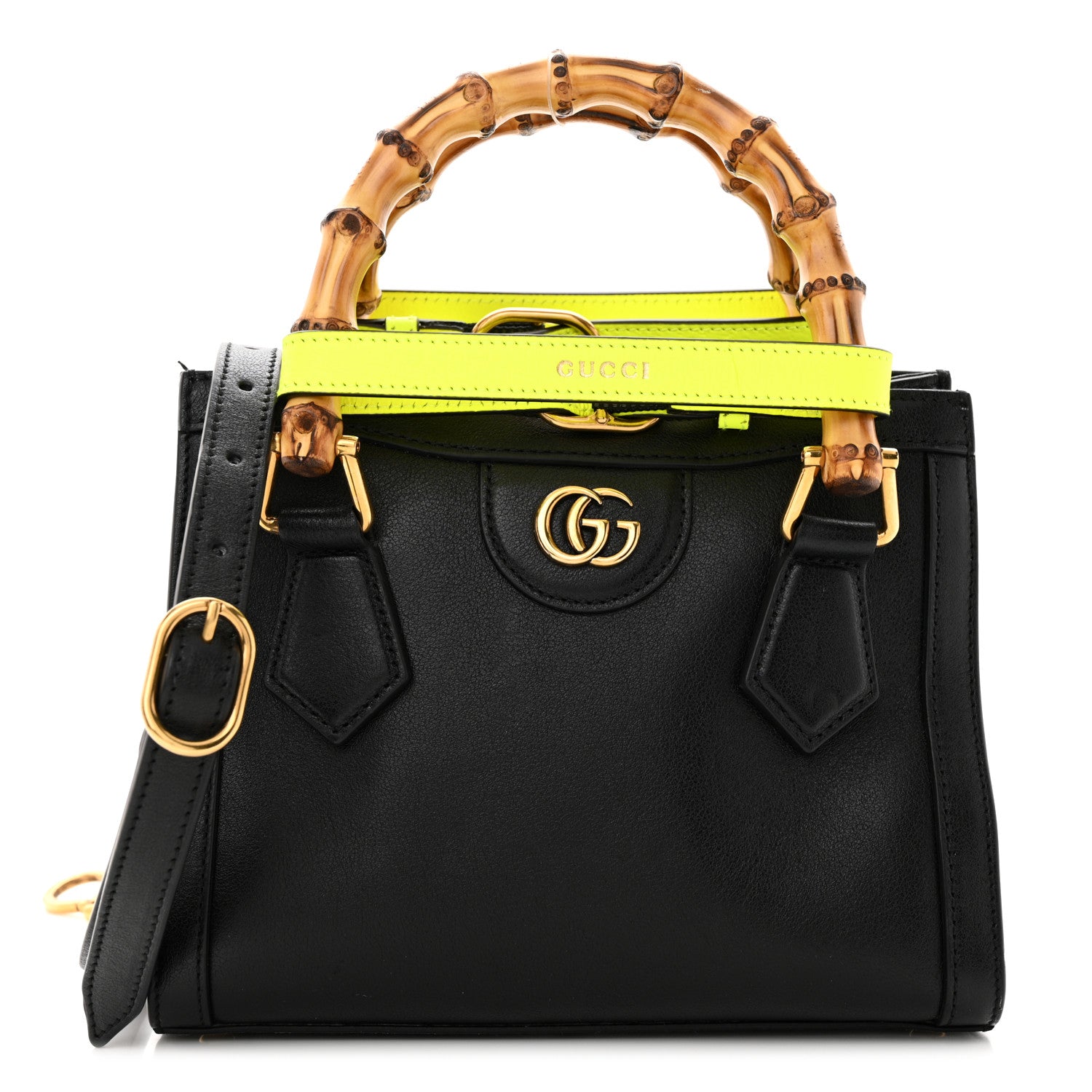 Gucci Wonka Grain Calfskin Mini Diana Tote Bag Black Yellow Fluo 1 of 12