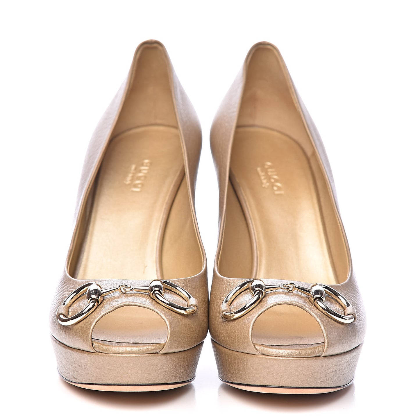 Metallic Soft Cellarius Calfskin Horsebit Platform Peep Toe Pumps 38 Champagne