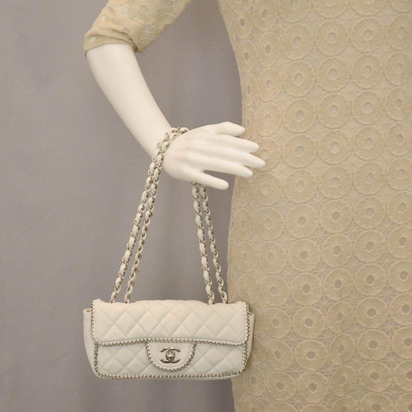 Lambskin Quilted Madison Chain Trim East West Flap White