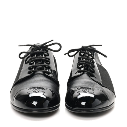 Chanel Goatskin Patent Womens CC Cap Toe Lace Up Oxfords 36.5 Black 3 of 10