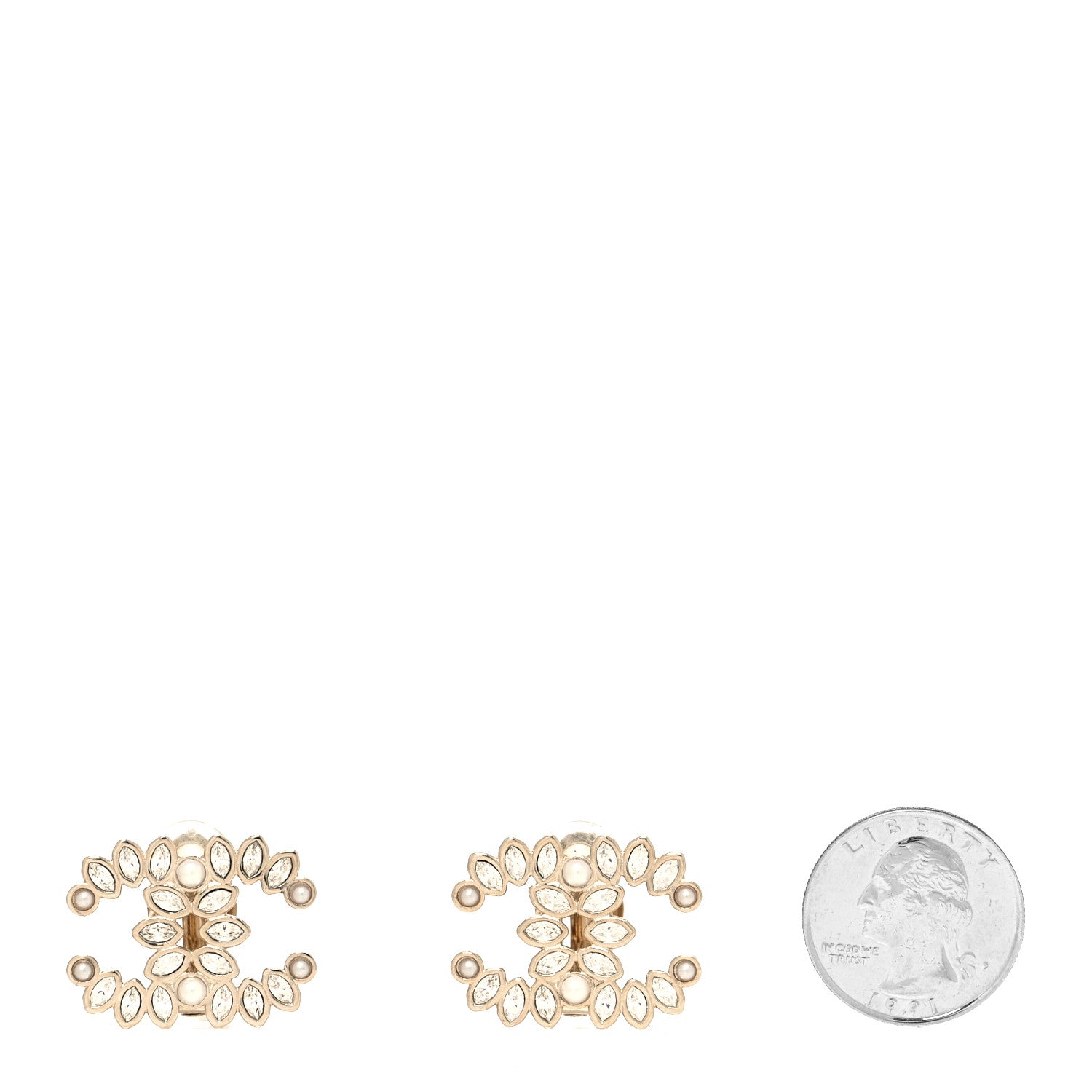 Chanel Crystal Pearl CC Marquise Clip On Earrings Gold 2 of 4