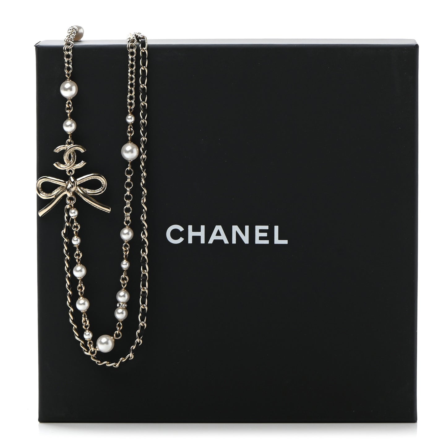 Calfskin Pearl Metal CC Bow Necklace Gold White Black