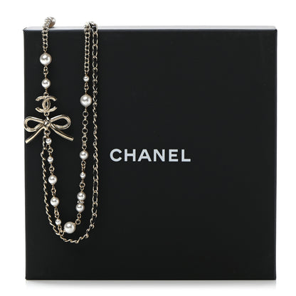 Chanel Calfskin Pearl Metal CC Bow Necklace Gold White Black 7 of 7