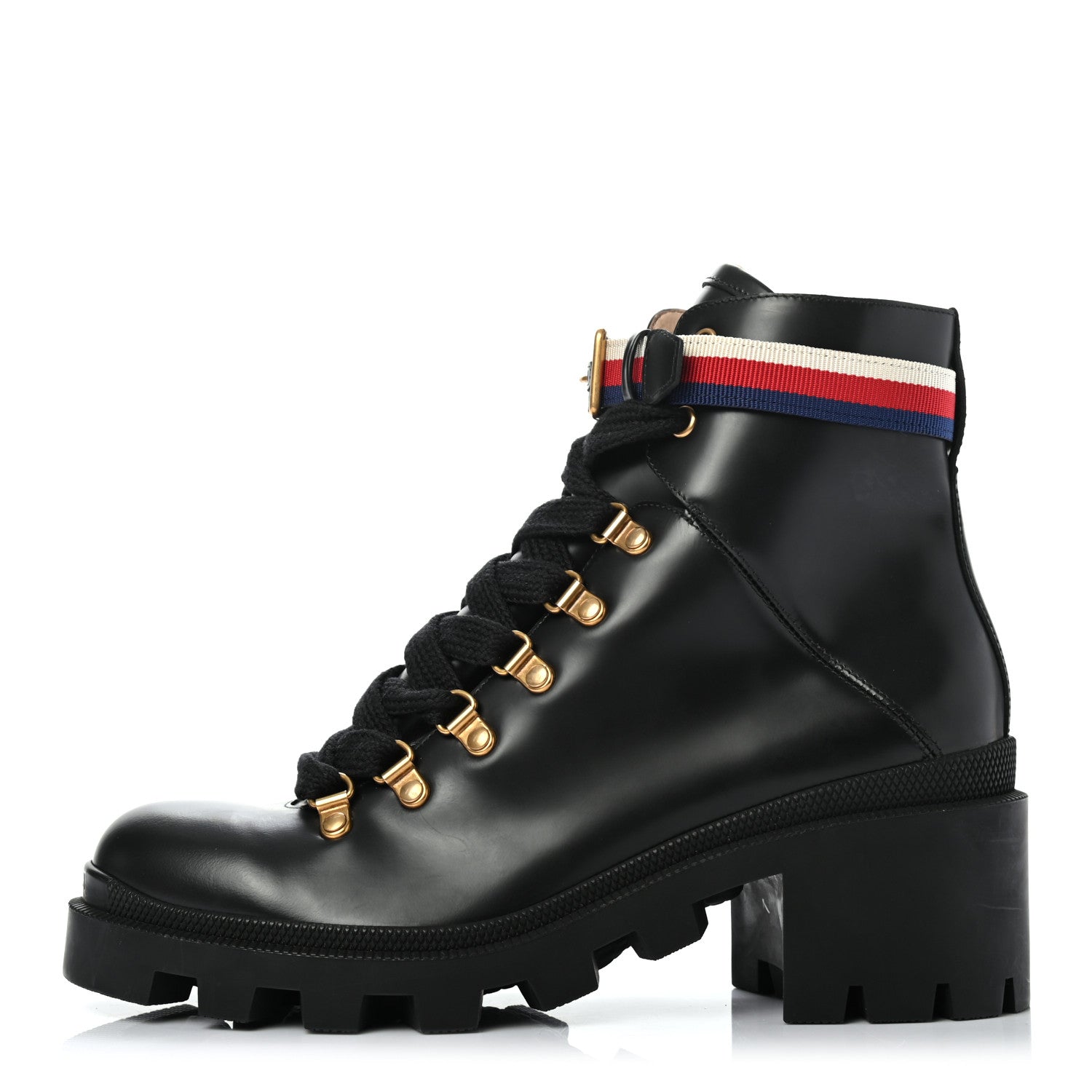 Gucci Calfskin Sylvie Web Womens Lace Up Combat Boots 39 Black 1 of 7