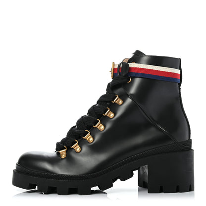 Gucci Calfskin Sylvie Web Womens Lace Up Combat Boots 39 Black 1 of 7