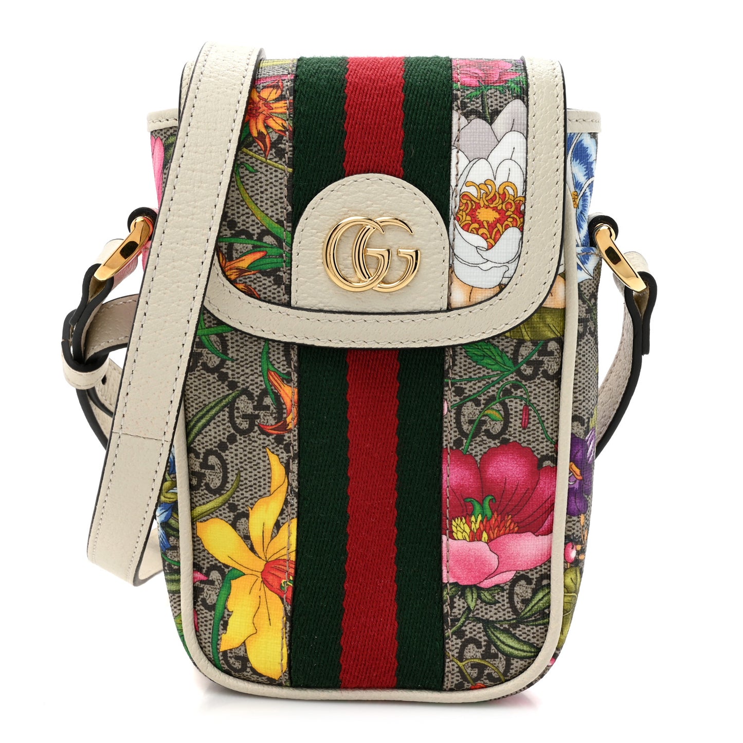 GG Supreme Monogram Flora Web Ophidia Phone Crossbody Bag White