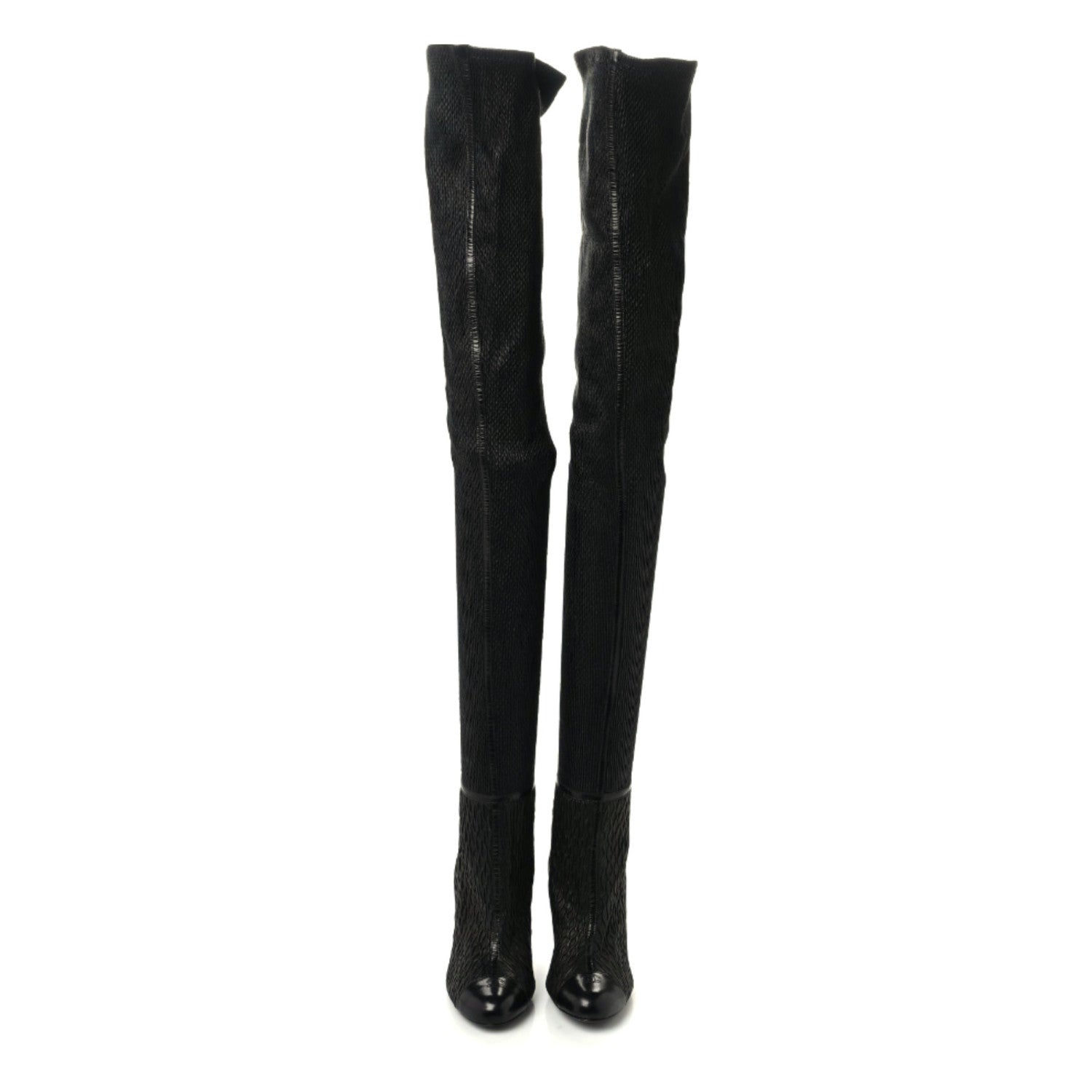 Chanel Calfskin Embossed Snakeskin Cap Toe CC Over The Knee Boots 39 Black 2 of 8