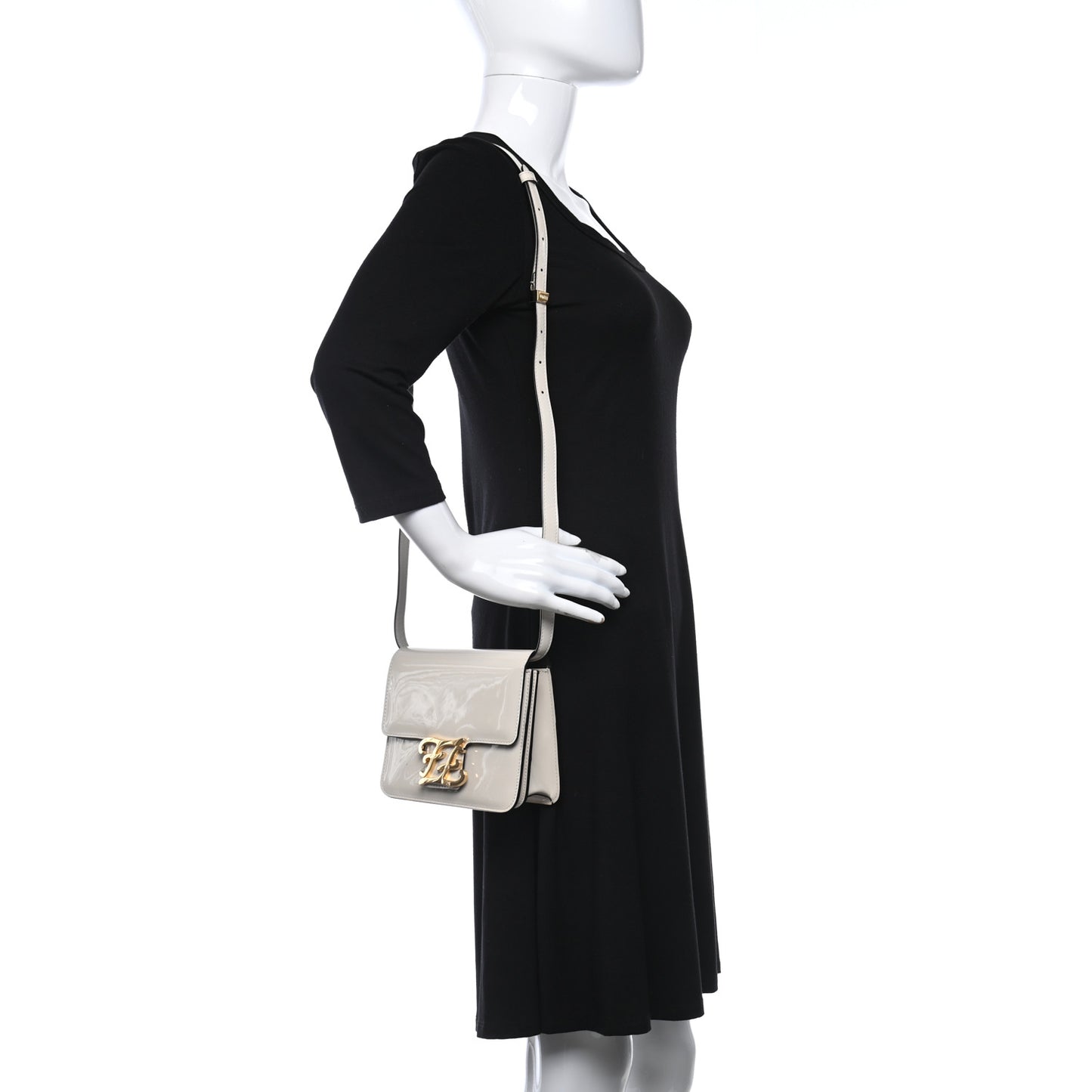 Vitello Vernice Mou Karligraphy Crossbody Bag Latte