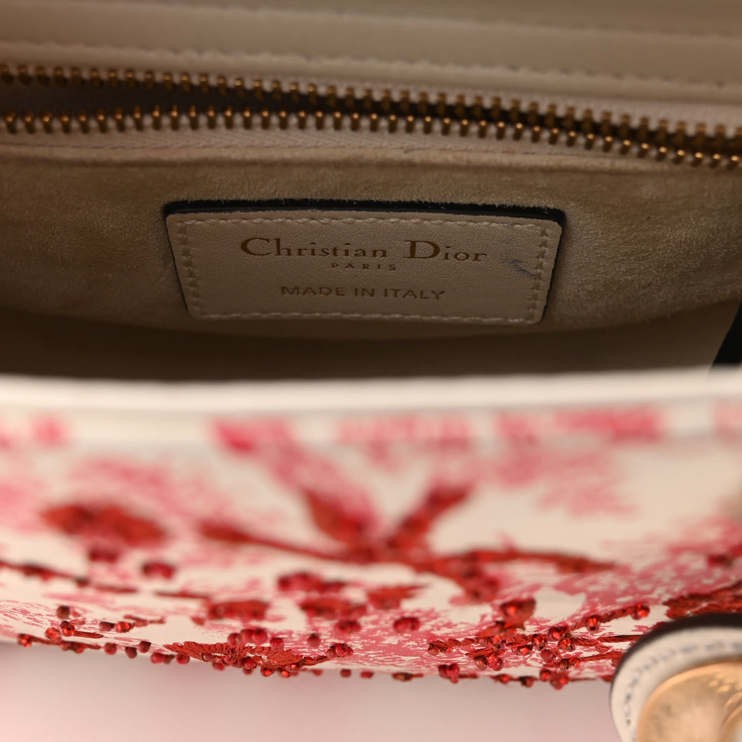 Lambskin Embroidered Floral Toile de Jouy Mini Lady Dior White Red