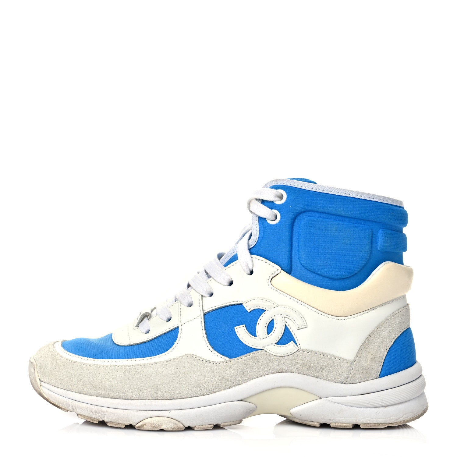 Chanel Suede Calfskin Lambskin High Top CC Sneakers 36 White Blue 1 of 7