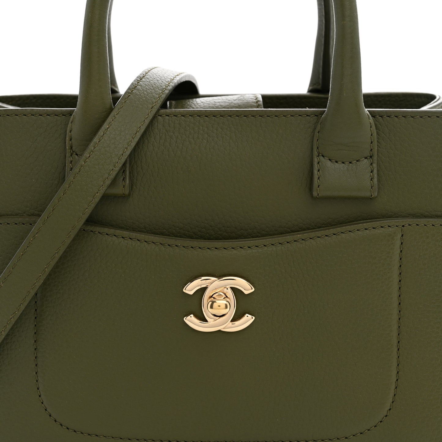 Grained Calfskin Mini Neo Executive Shopper Tote Khaki