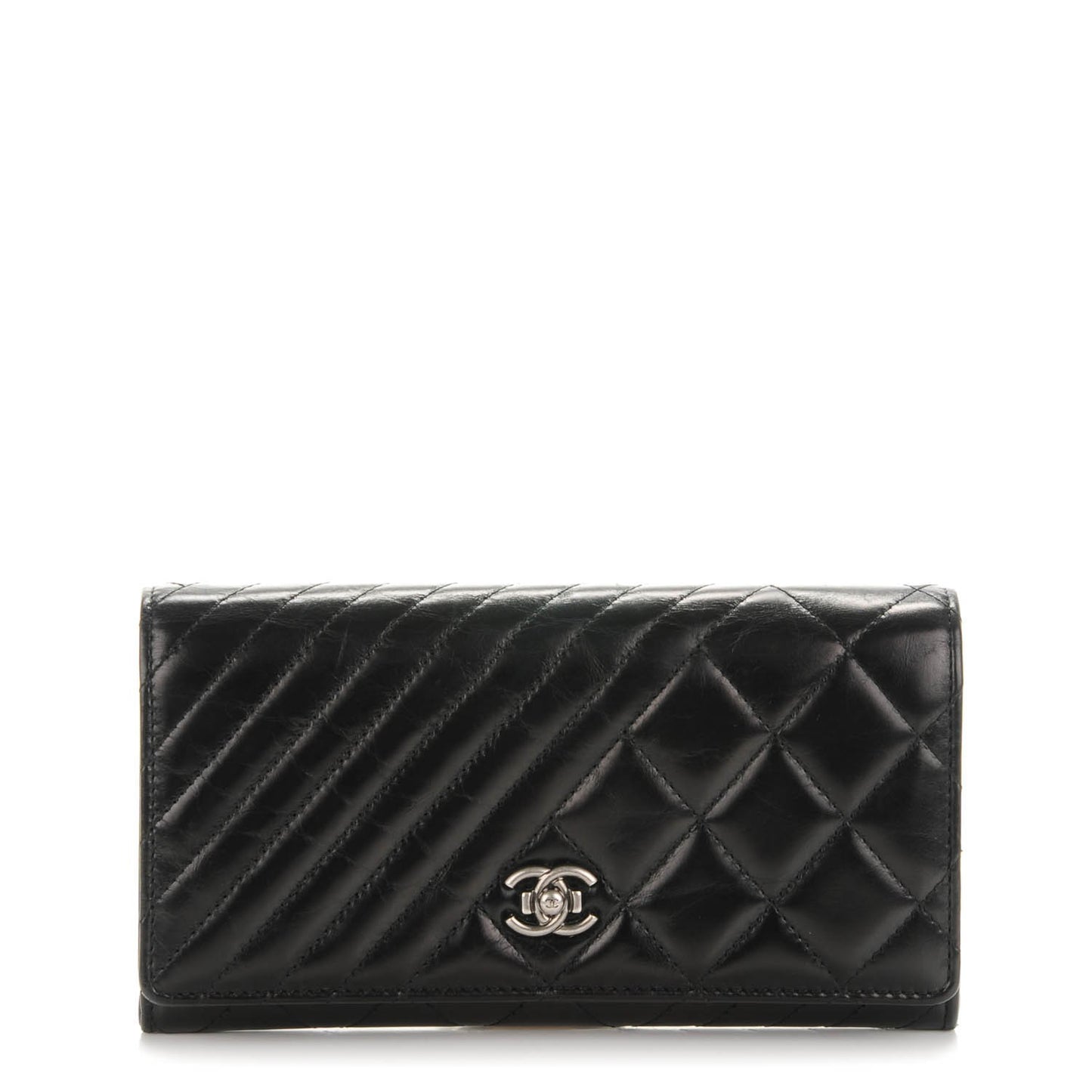 Glazed Calfskin Quilted Coco Boy Large Gusset Flap Wallet Black