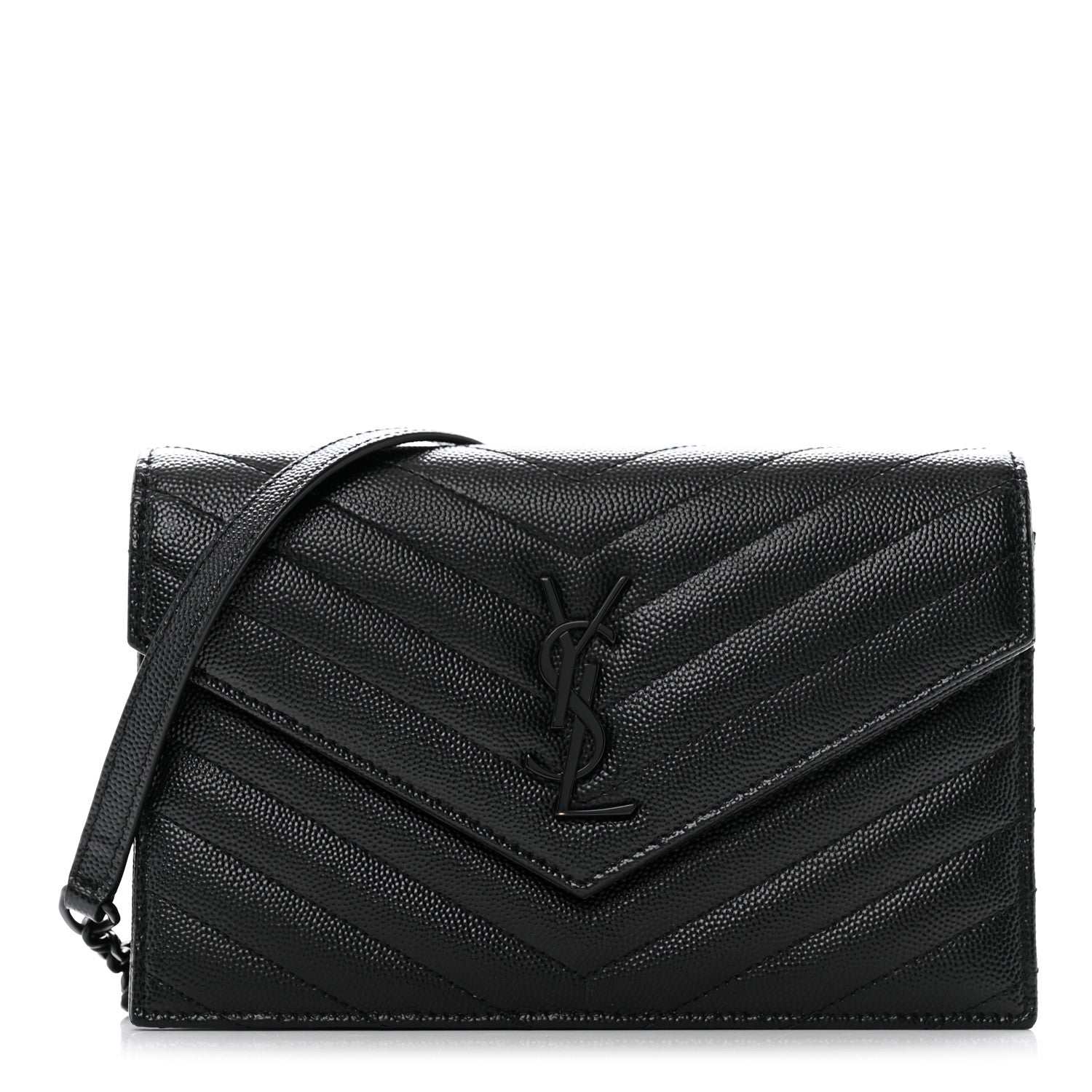 Saint Laurent Grain De Poudre Matelasse Chevron Monogram Monochrome Envelope Chain Wallet Black 1 of 14