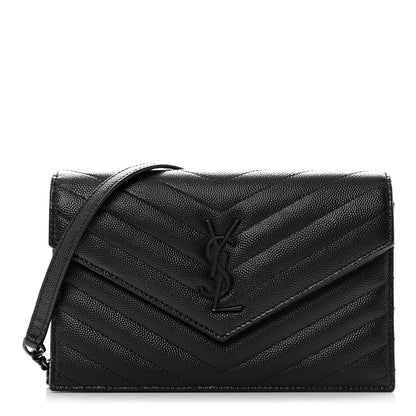Saint Laurent Grain De Poudre Matelasse Chevron Monogram Monochrome Envelope Chain Wallet Black 1 of 14
