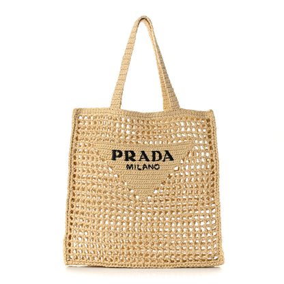 Prada Yarn Raffia Effect Crochet Logo Embroidered Tote Bag Naturale 1 of 8