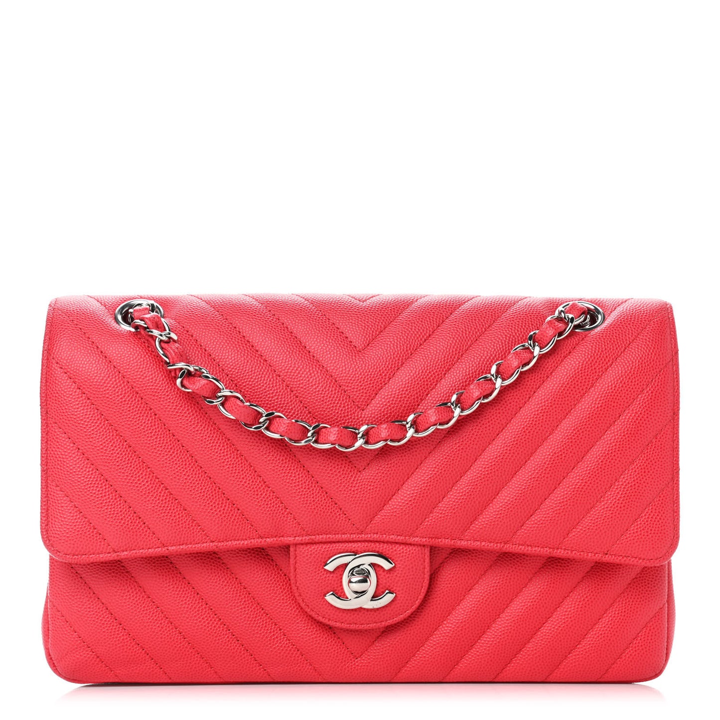 Caviar Chevron Quilted Medium Double Flap Red