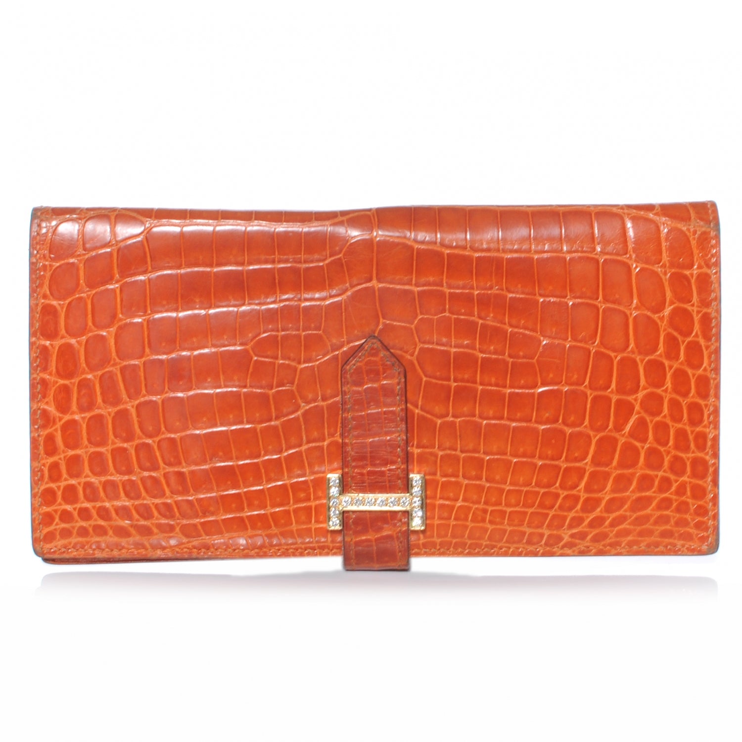 Hermes Niloticus Crocodile Diamond Bearn Wallet Orange 1 of 7