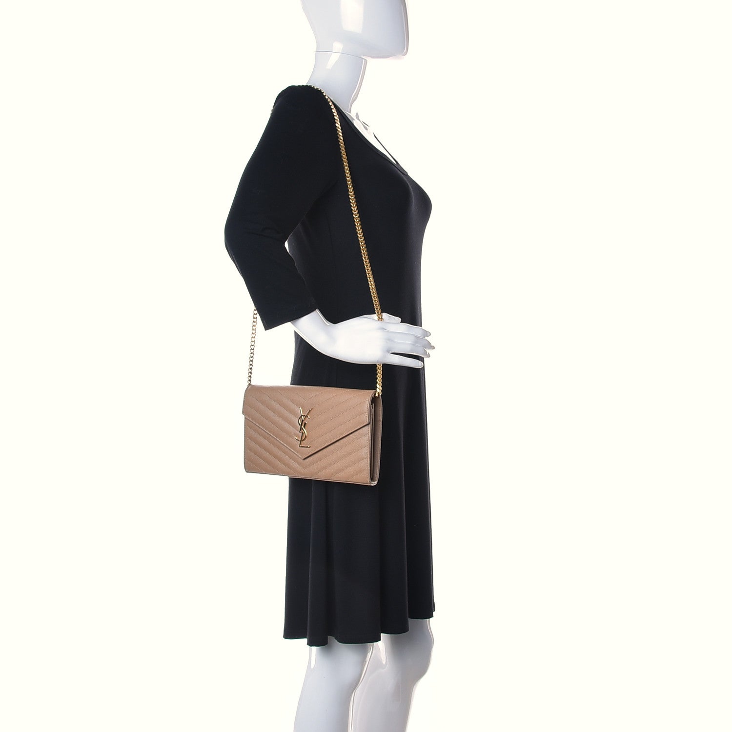 Saint Laurent Grain De Poudre Matelasse Chevron Monogram Chain Wallet Deep Beige 2 of 9