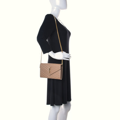 Saint Laurent Grain De Poudre Matelasse Chevron Monogram Chain Wallet Deep Beige 2 of 9