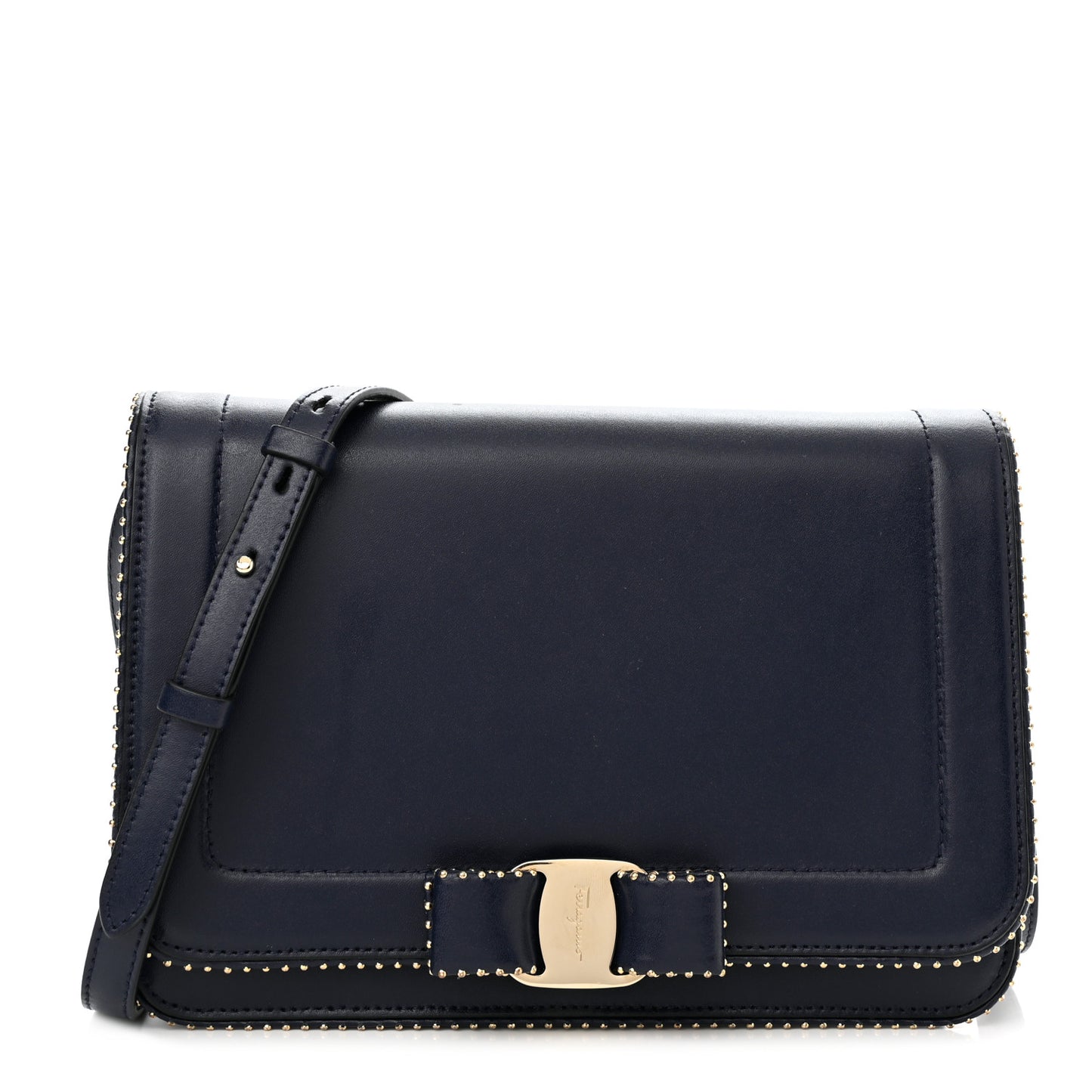 Calfskin Studded Vara Bow Bag Navy Black