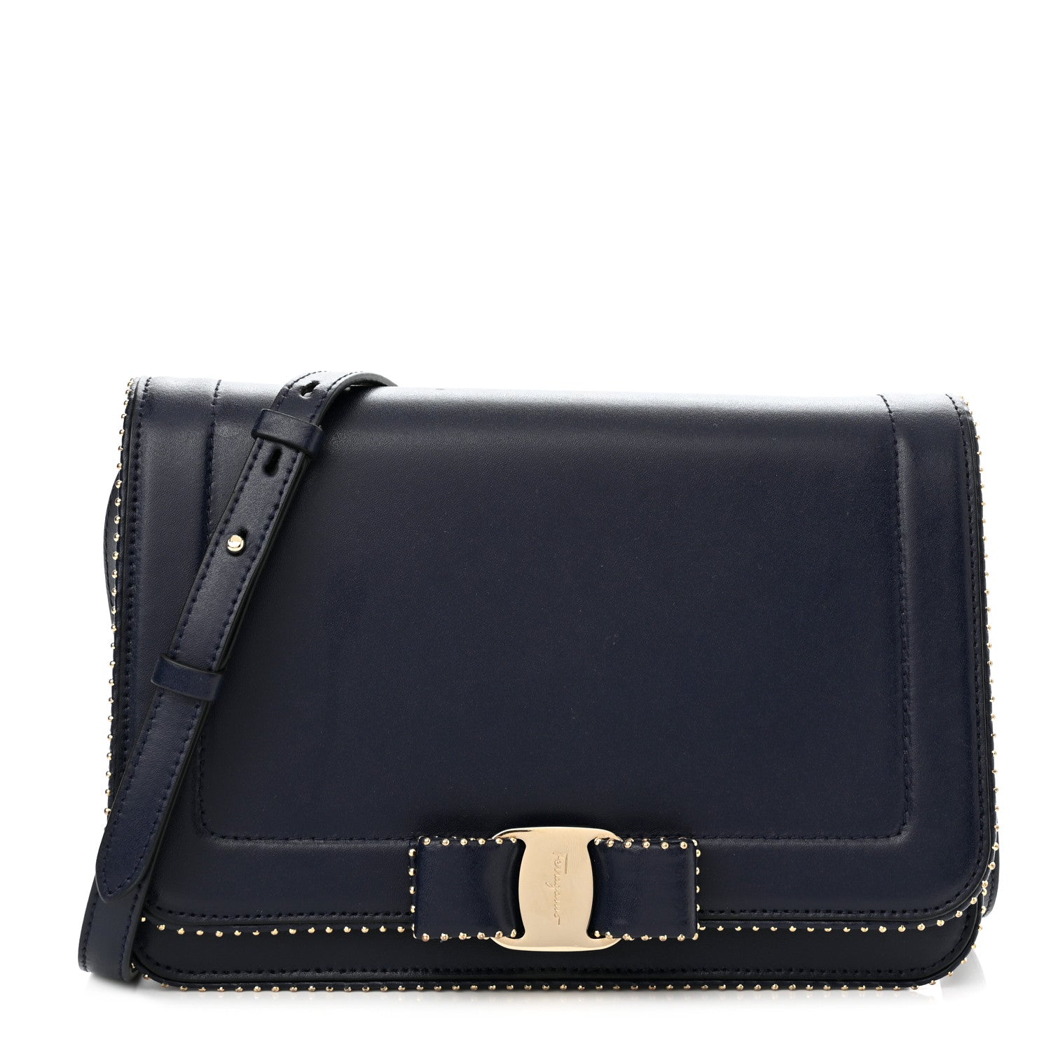 Salvatore Ferragamo Calfskin Studded Vara Bow Bag Navy Black 1 of 10