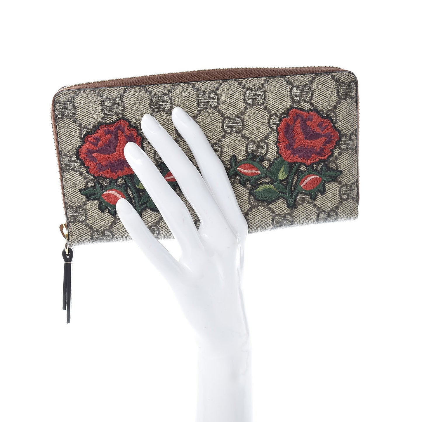 GG Supreme Monogram Embroidered Roses Zip Around Wallet Red