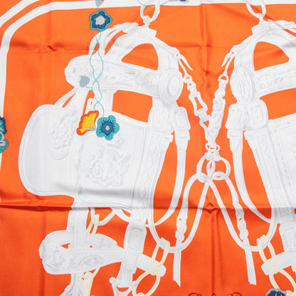 Hermes Silk Brides Fleuries Scarf 90 Orange Blanc Turquoise 5 of 5