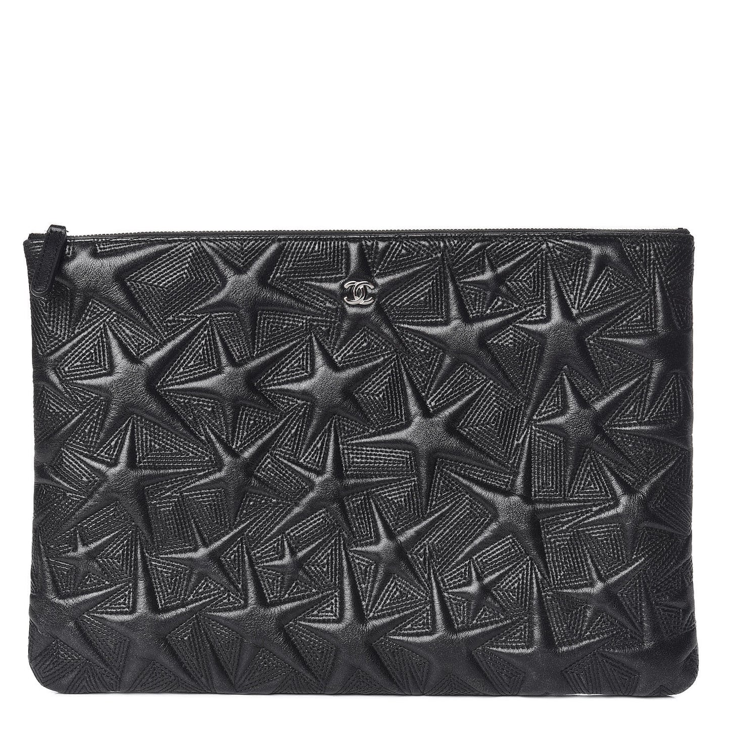 Metallic Lambskin Star Embossed Large Cosmetic Pouch Black