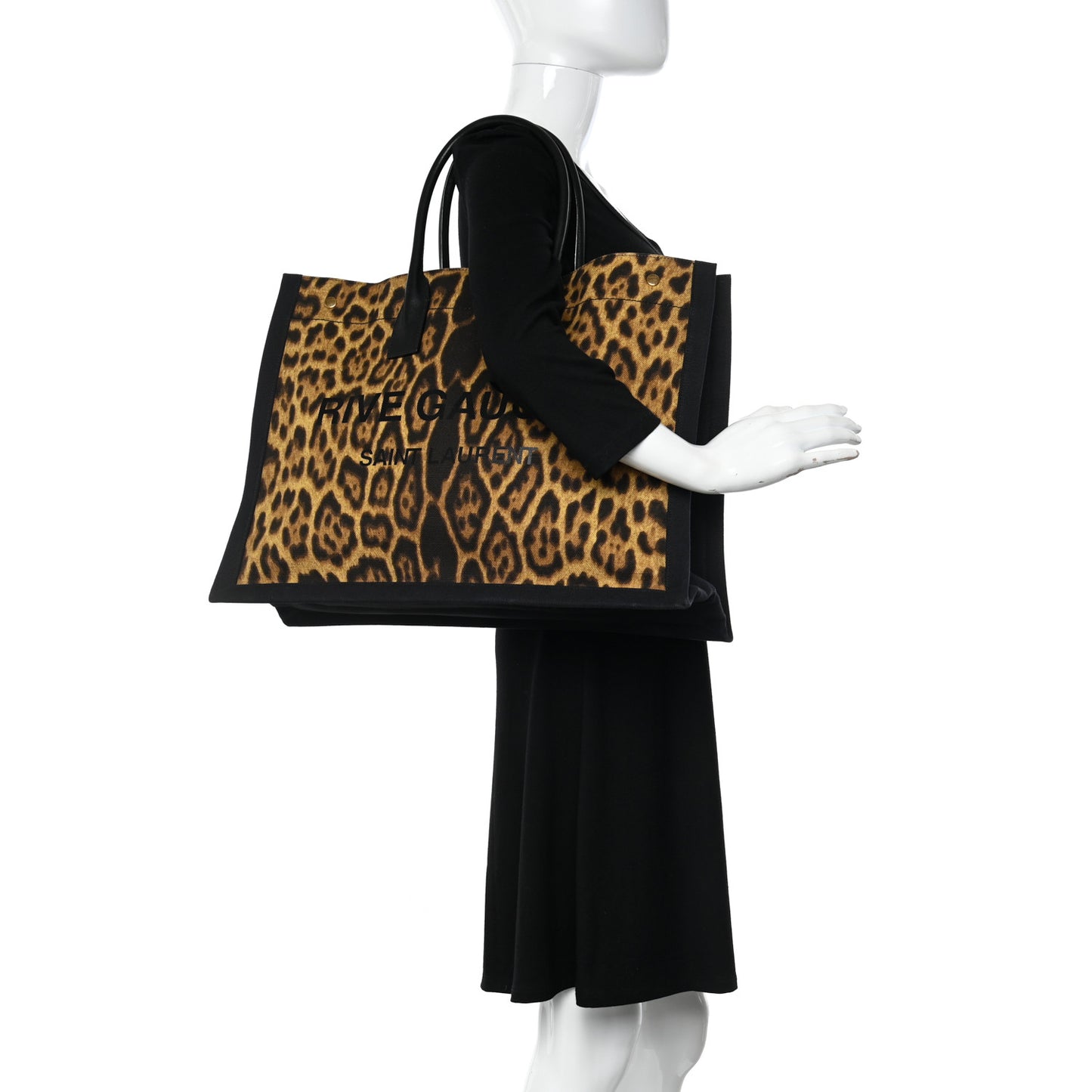 Canvas Calfskin Leopard Print Rive Gauche Noe Tote Natural Black