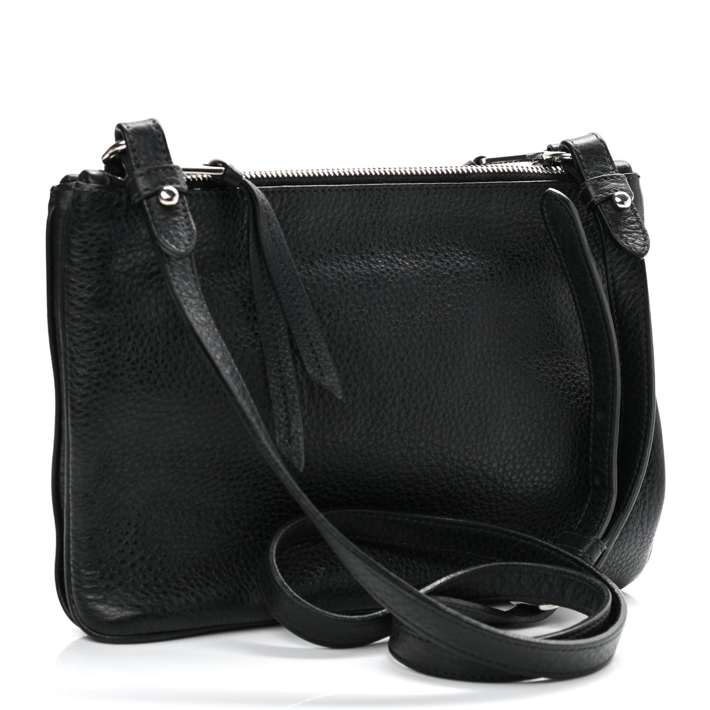 Vitello Daino Double Zip Crossbody Bag Black