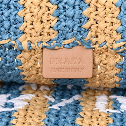 Prada Yarn Raffia Effect Crochet Striped Large Logo Tote Naturale Celeste 6 of 10