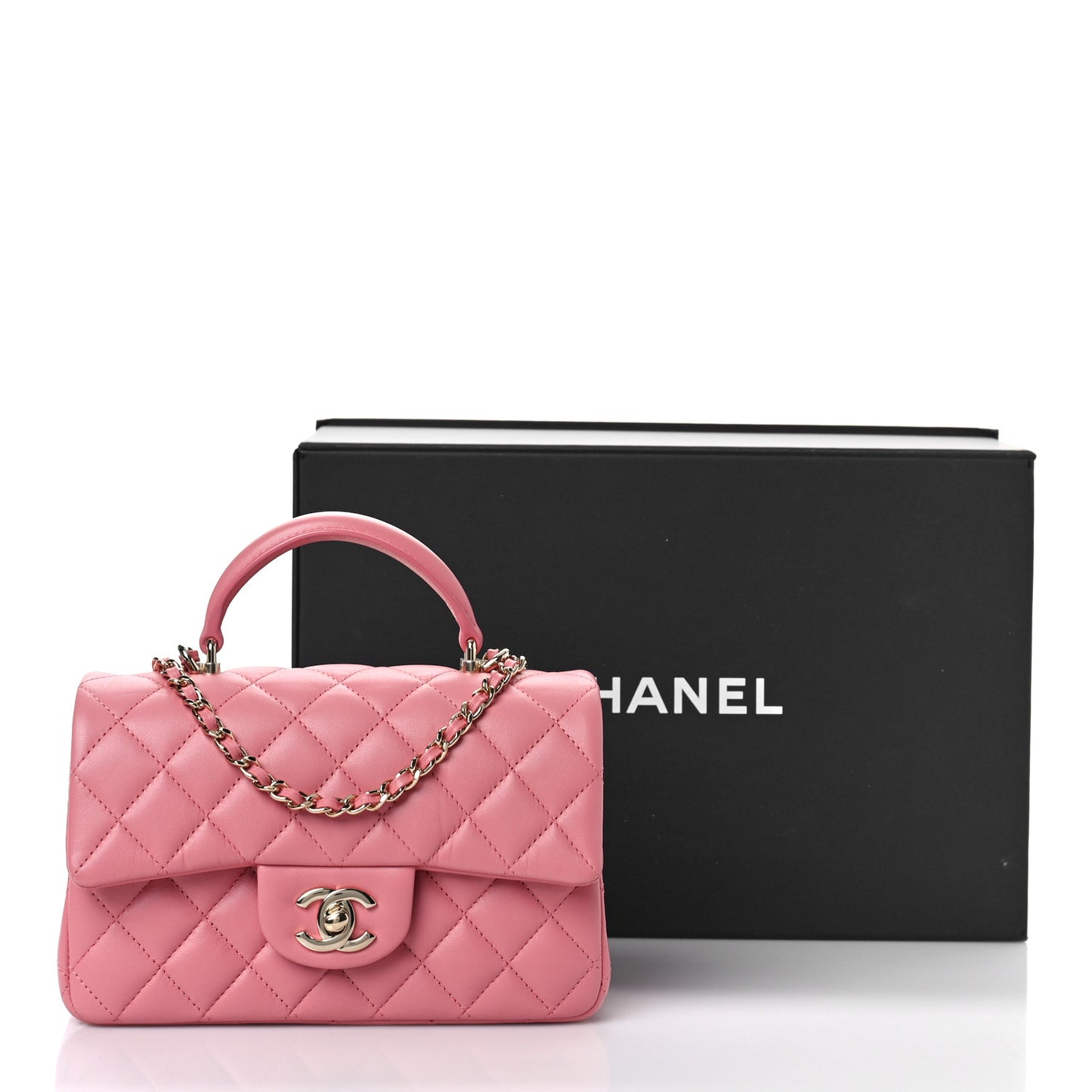 Lambskin Quilted Mini Top Handle Rectangular Flap Pink