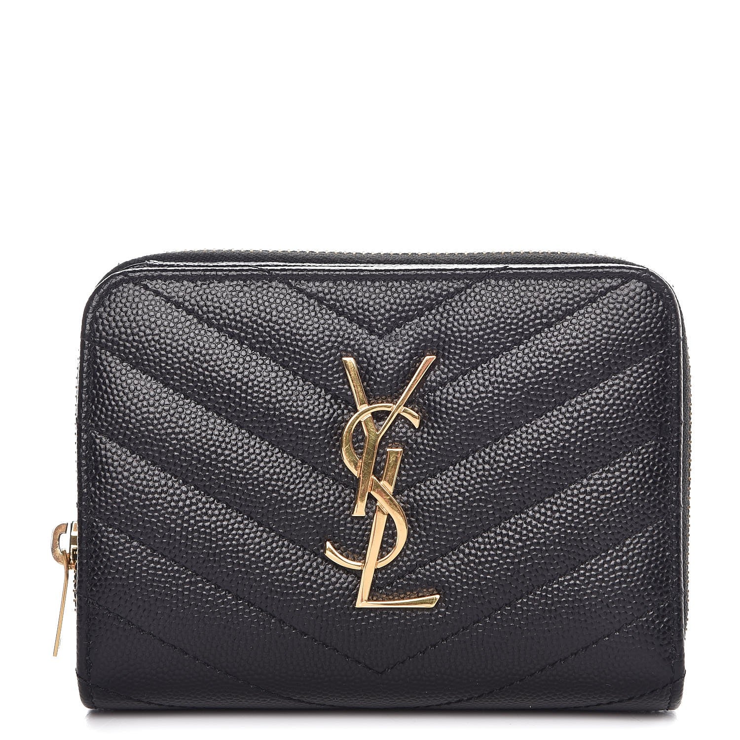Saint Laurent Grain De Poudre Matelasse Chevron Monogram Compact Zip Around Wallet Black 1 of 9