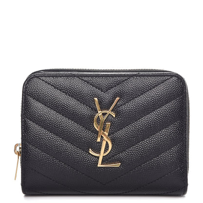 Saint Laurent Grain De Poudre Matelasse Chevron Monogram Compact Zip Around Wallet Black 1 of 9