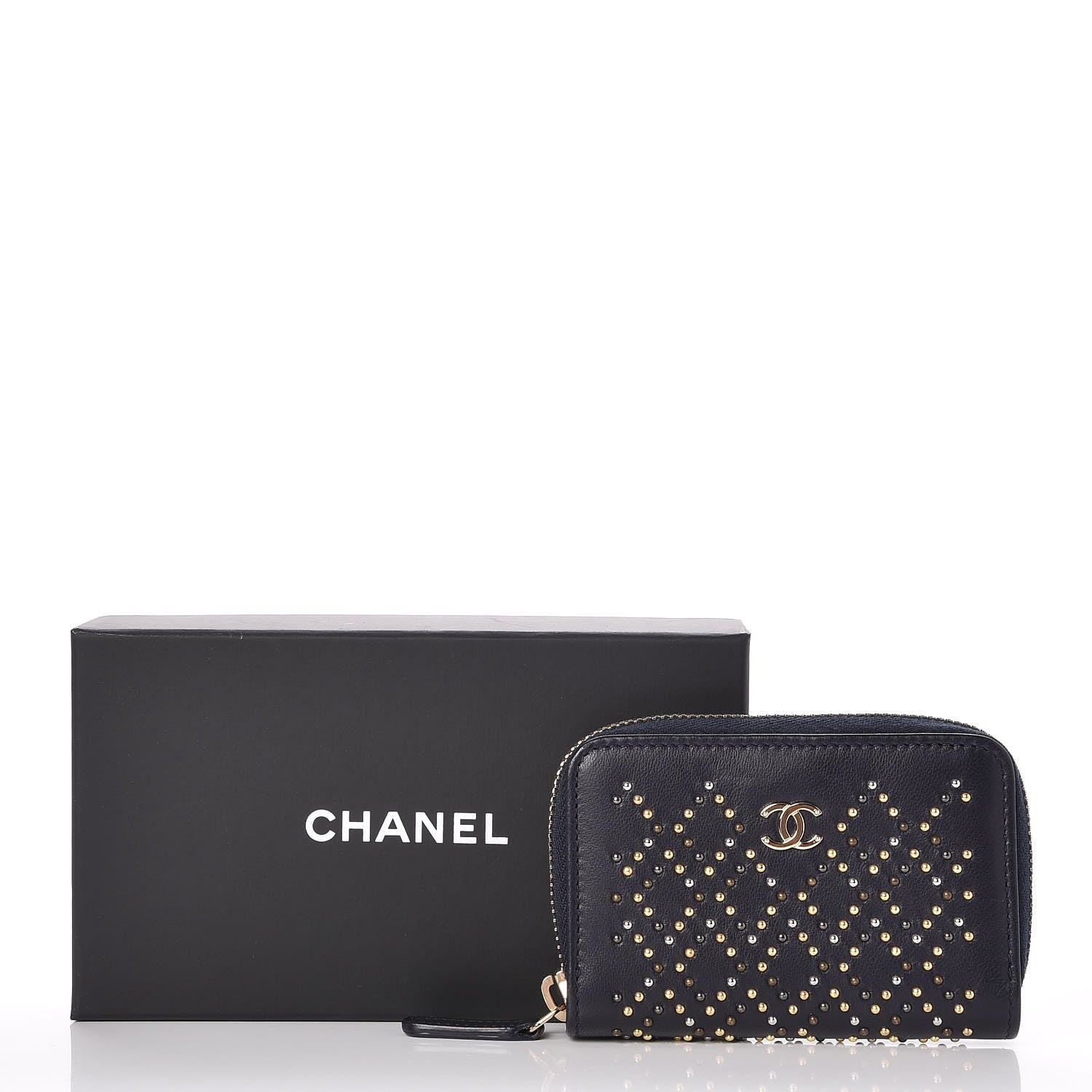 Chanel Lambskin Studded Zip Around Coin Purse Wallet Dark Navy 8 of 8
