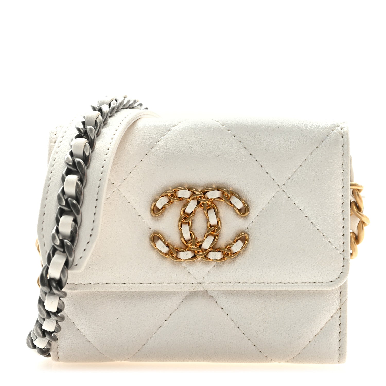 Chanel Lambskin Quilted Chanel 19 Flap Coin Purse With Chain White 1 of 9
