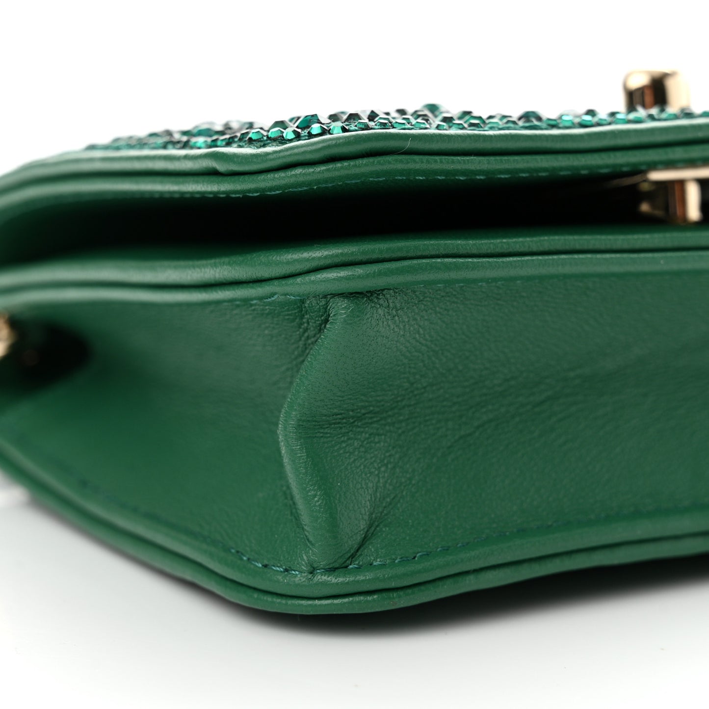 Lambskin Crystal Diamante Clutch With Chain Green
