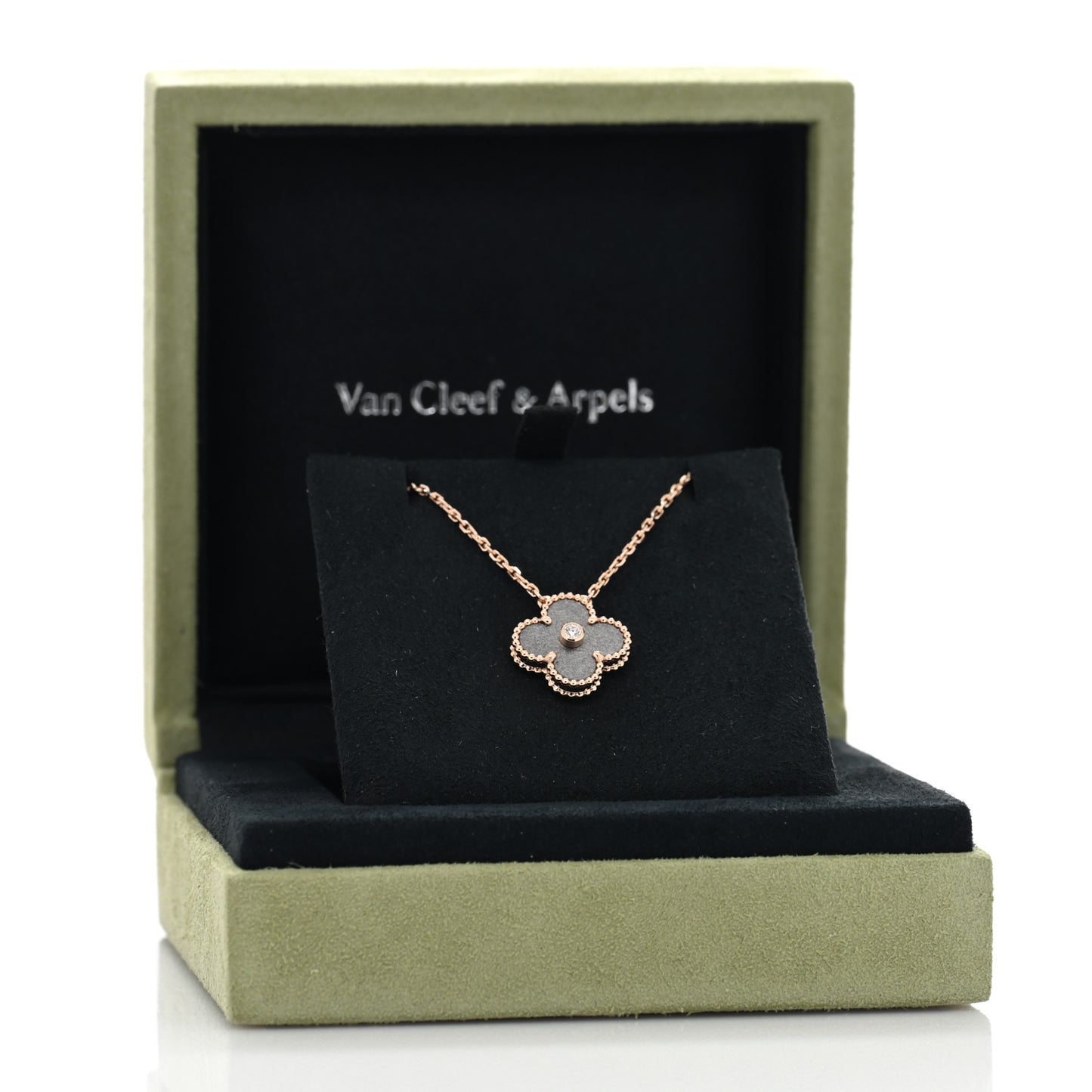 18K Rose Gold Diamond Silver Obsidian Vintage Alhambra Pendant Necklace