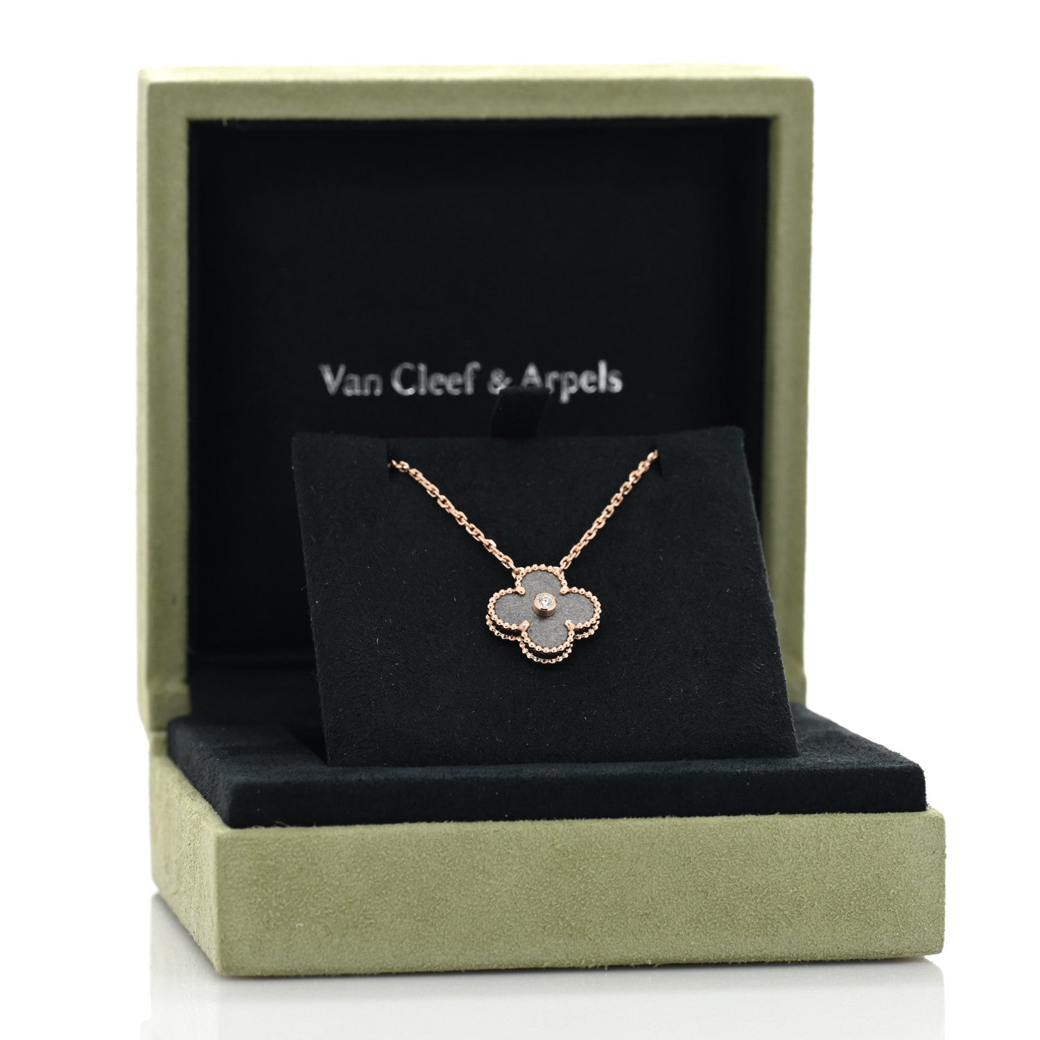 Van Cleef & Arpels 18K Rose Gold Diamond Silver Obsidian Vintage Alhambra Pendant Necklace 3 of 5