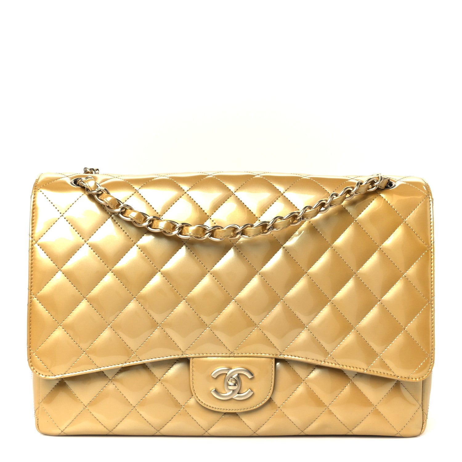 Chanel Metallic Patent Quilted Maxi Single Flap Beige 1 of 11