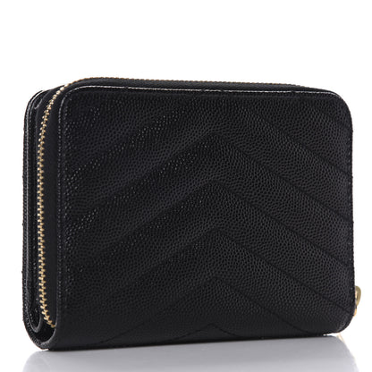 Saint Laurent Grain De Poudre Matelasse Chevron Monogram Compact Zip Around Wallet Black 3 of 8