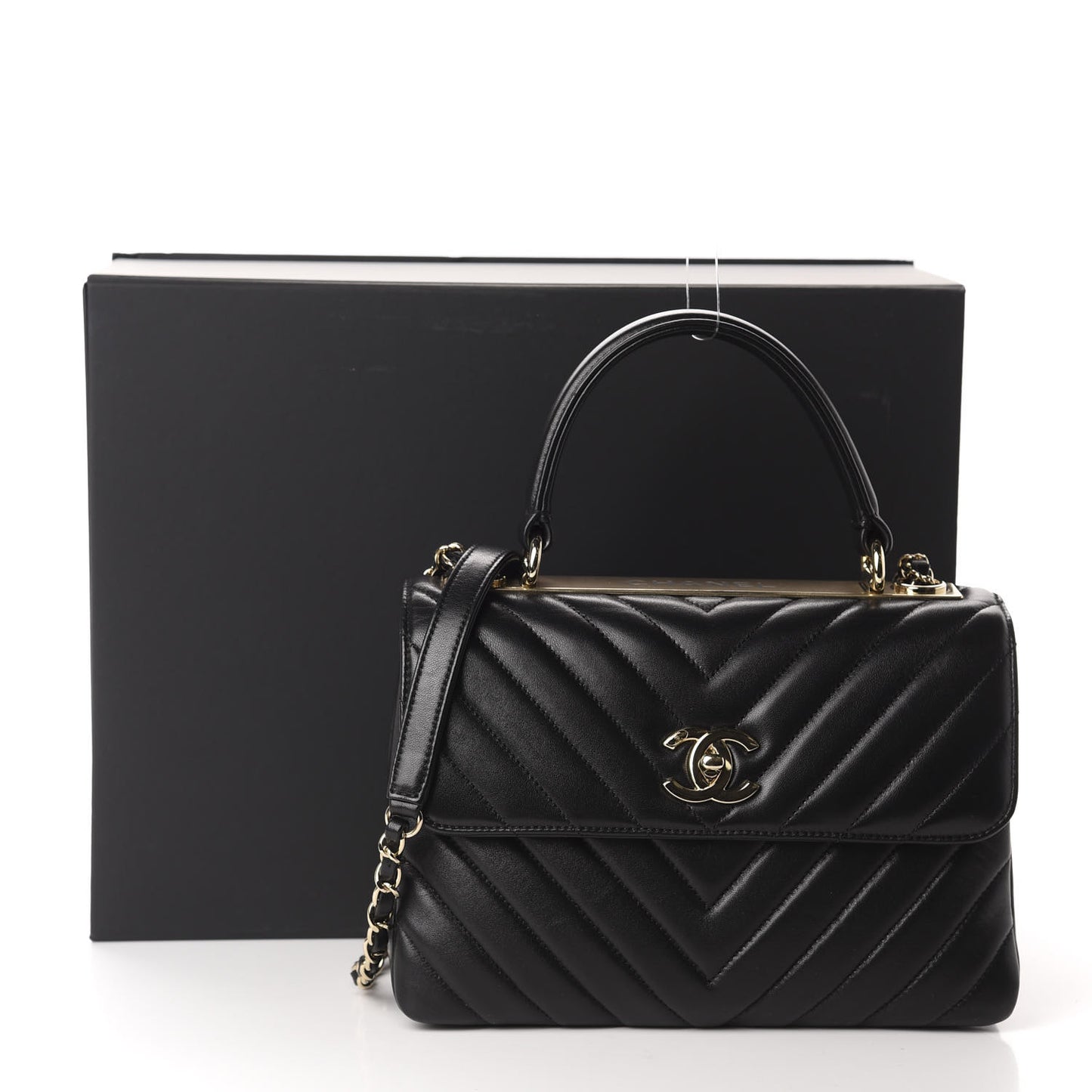 Lambskin Chevron Quilted Small Trendy CC Dual Handle Flap Bag Black