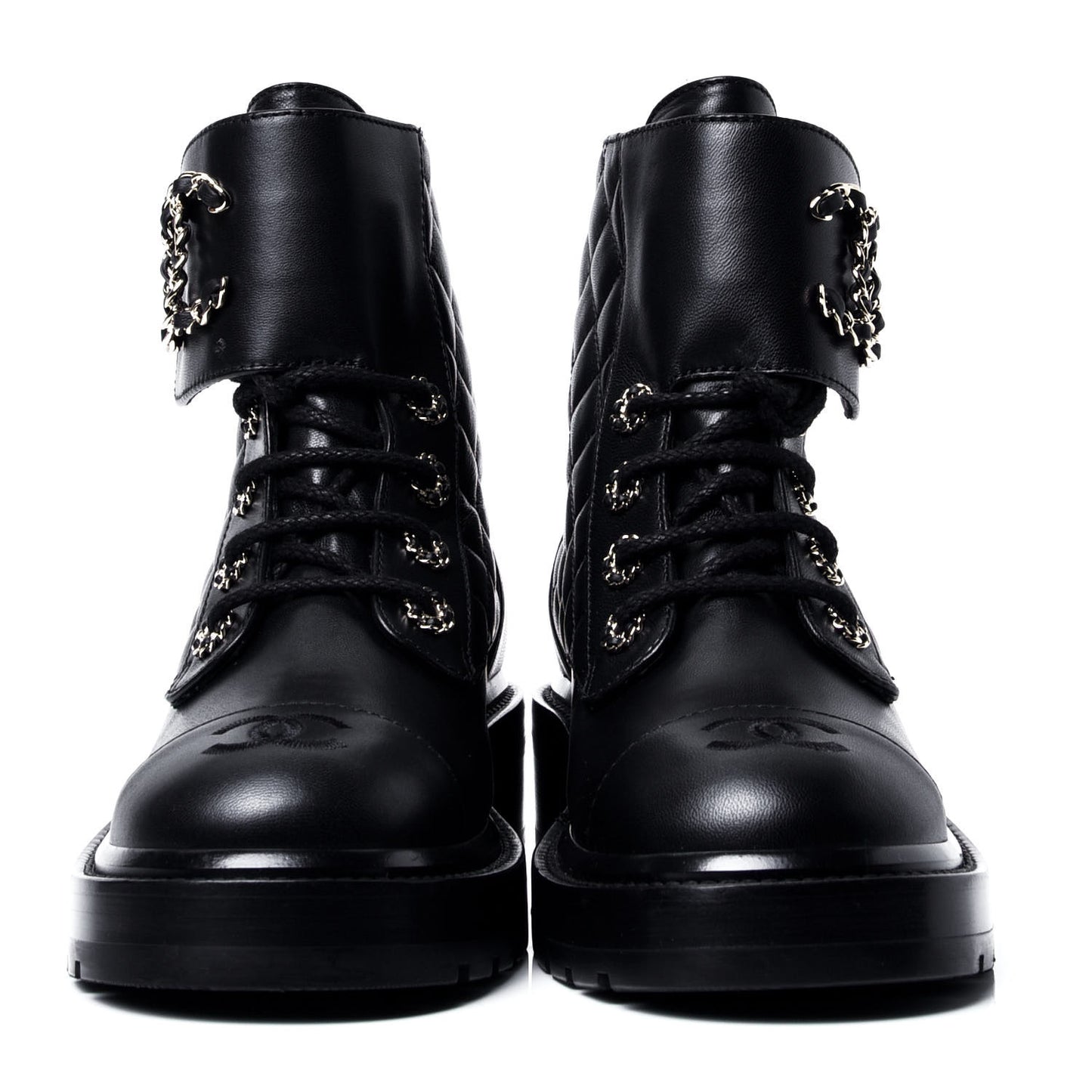 Shiny Lambskin Quilted Lace Up Combat Boots 37 Black