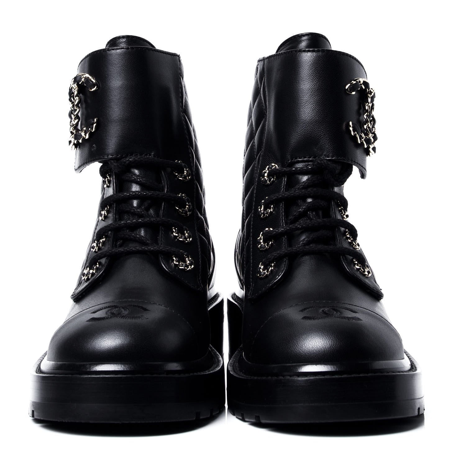 Chanel Shiny Lambskin Quilted Lace Up Combat Boots 37 Black 2 of 6