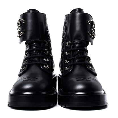 Chanel Shiny Lambskin Quilted Lace Up Combat Boots 37 Black 2 of 6
