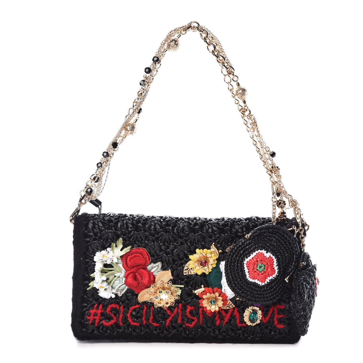 Woven Raffia Embellished Chain Flap Bag Black Multicolor